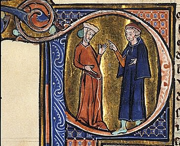 Detail of the historiated initial 'P'(our) with a standing physician and pregnant woman. British Library