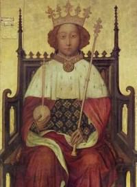 King Richard II of England (1367 - 1400). This portrait of him famously is shown in Westminster Abbey, London, where Richard is buried. It is the work of an unknown master, and the date is usually given as about 1390.