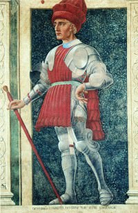 Depiction of Farinata degli Uberti by Andrea del Castagno, showing a 15th century condottiero's typical attire.