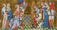 Fesonas and Cassiel the Baudrain Playing Chess. Jacques de Longuyon, Vows of the Peacock; Belgium, Tournai, ca. 1345-50. Pierpont Morgan Library, MS G.24, f. 25v (detail).