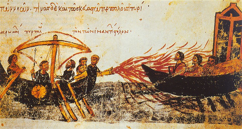 Image from an illuminated manuscript, the Skylitzes manuscript in Madrid, showing Greek fire in use against the fleet of the rebel Thomas the Slav