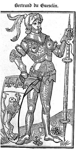 Portrait of Bertrand Du Guesclin, from the Lyon Gothic edition of Jean Cuvelier epic poem on the life of Du Guesclin, reprint in MICHEL, Francisque, ed. Chronique de du Guesclin, collationnée sur l’édition originale du XVe siècle et sur tous les manuscrits…, Paris : Bureau de la Bibliothèque choisie, 1830