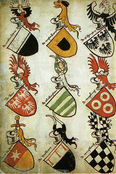 The German Hyghalmen Roll from the late fifteenth century. This roll is currently in the possession of the College of Arms after it was given to them by Thomas Benolt, former Clarenceux King of Arms, its previous owner. Heraldry
