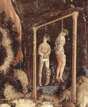 The type of gallows on which William Cragh was hanged with Trahaern ap Hywel in 1290, from a fresco painted by Pisanello, 1436–1438