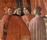 Domenico Ghirlandaio: Zachariah in the Temple [detail]: Marsilio Ficino, Cristoforo Landino, Angelo Poliziano and Demetrios Chalkondyles (detail). Fresco. Santa Maria Novella, Cappella Tornabuoni, Florence, Italy. 1486-1490.