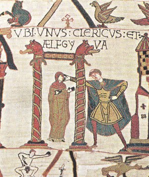 Image from the Bayeux Tapestry where a cleric had a sexual scandal with a Norman woman
