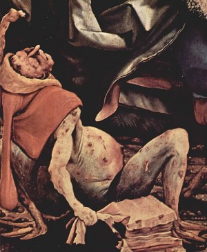 Painting by Matthias Grünewald of a patient suffering from advanced ergotism from approximately 1512–16 AD