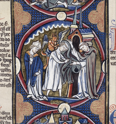 Detail of a roundel miniature of a cleric removing his robe, with a devil on his shoulder. - Harley 1527 f.33 (min)