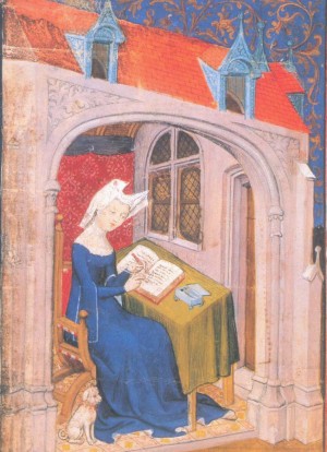 Christine de Pizan writing, with her dog by her feet