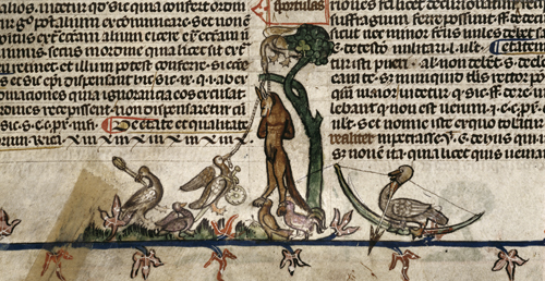 Medieval animals acting as humans -- from Royal 10 E.IV, f.48v