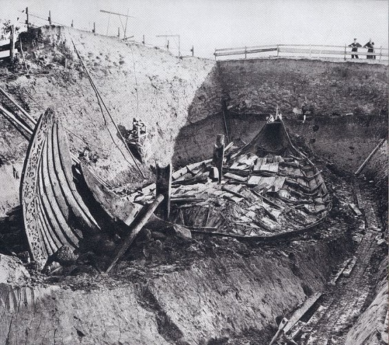 The Oseberg ship at the archeological site.