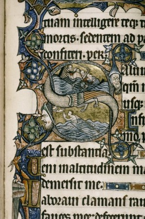 An illustration depicting the ‘wolf, goat, cabbage’ puzzle, in the Ormesby Psalter (Oxford,  Bodleian Library MS Douce 366, fol. 89r ).