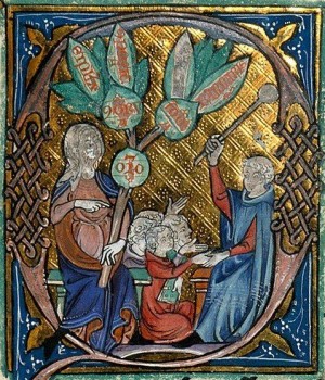 A master strikes a boy's hand with a palmatoria - illuminated copy of Priscian's Institutiones, MS Burney 275, c.1309-16, f.94 (British  Library). Photo courtesy University of Leicester