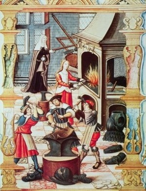Chants royaux sur la conception. The three men are doming over an anvil, while the woman is raising using a stake.
