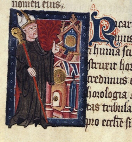 Richard of Wallingford pointing to a clock, his gift to St Albans Abbey