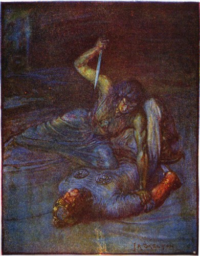 An illustration of Grendel's mother by J.R. Skelton from Stories of Beowulf (1908) described as a "water witch" trying to stab Beowulf.