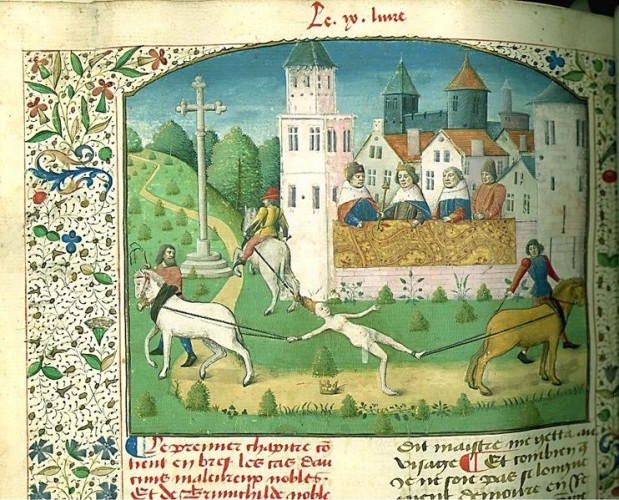 The murder of Brunhilda, from De Casibus Virorum Illustrium, attributed to Maître François, Paris, c. 1475