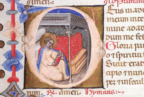 Historiated initial 'D' of the Virgin reading in her bedchamber,