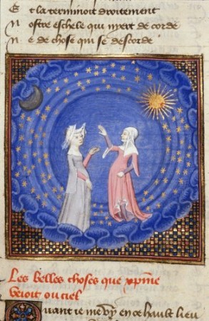 Detail of a miniature of Christine and the Sibyl standing in a sphere of the cosmos, with the moon, sun and stars surrounding, in 'Le chemin de long estude'. 