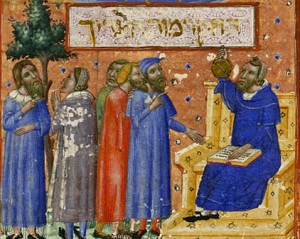 Maimonides teaching students from a 14th century manuscript