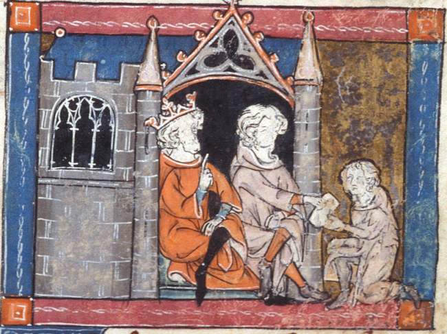 British Library - Additional 10292   f. 87   Merlin gives letter to Pendragon 
and Uther