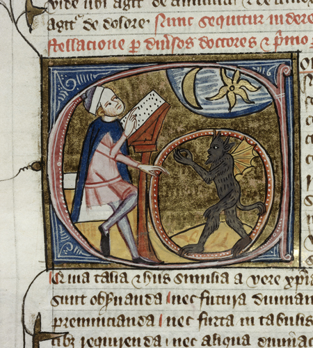 British Library - Royal 6.E.vi,  f. 396v. - Detail of a historiated initial 'C'(onstellacio) of an 
astrologer observing the sky, and the devil in a circle. 