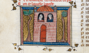 imprisonment - Detail of a miniature of Bel Acueil in prison, being guarded by Vielle (old woman). British Library