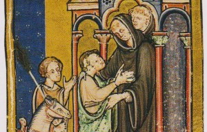 A miniature in the British Library Yates Thomson MS 26, Bede's Prose Life of St Cuthbert, depicting Cuthbert's meeting with Boisil at Melrose