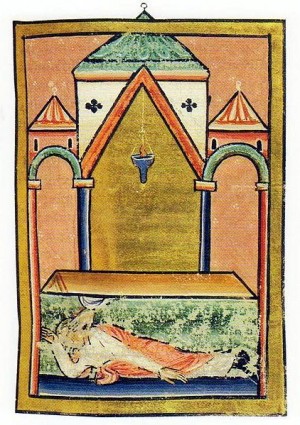 A miniature in the British Library Yates Thomson MS 26, with Saint Cuthbert's hand healing a paralytic