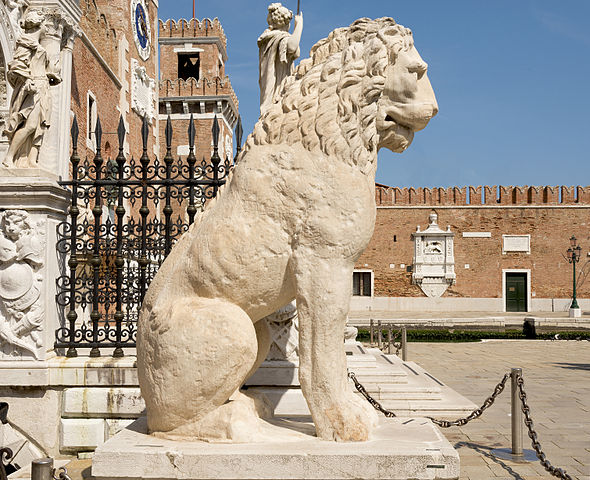 The First lion standing at the left side of the Door land the Arsenal of Venice is ancient Greek sculpture, originally at the Piraeus in Athens, brought to Venice by Francesco Morosini, who conquered the Peloponnesus. Photo by Didier Descouens / Wikipedia 