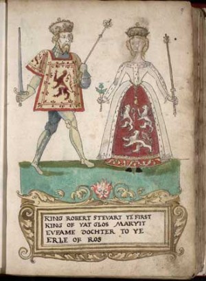 King Robert II of Scotland and his wife, Euphemia of Ross, depicted in the Forman Armorial from 1562