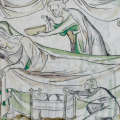 14th century birth scene, from British Library Royal 2 B VII f. 48