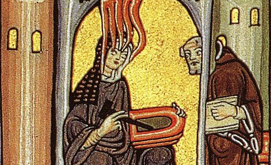 Illumination from the Liber Scivias showing Hildegard receiving a vision and dictating to her scribe and secretary