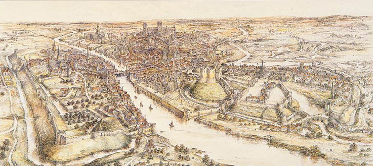 A panoramic view of York in the 15th century. A watercolour by E. Ridsdale Tate produced in 1914,