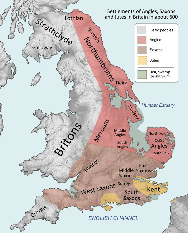 The main Anglo-Saxon Kingdoms in the 7th century. (Wikipedia