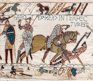 Harold's death, scene 57 - Harold rex interfectus est, "Harold the King is killed", the Bayeux Tapestry . (Wikipedia)