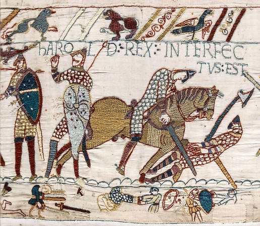 Harold's death, scene 57 - Harold rex interfectus est, "Harold the King is killed", the Bayeux Tapestry . (Wikipedia)
