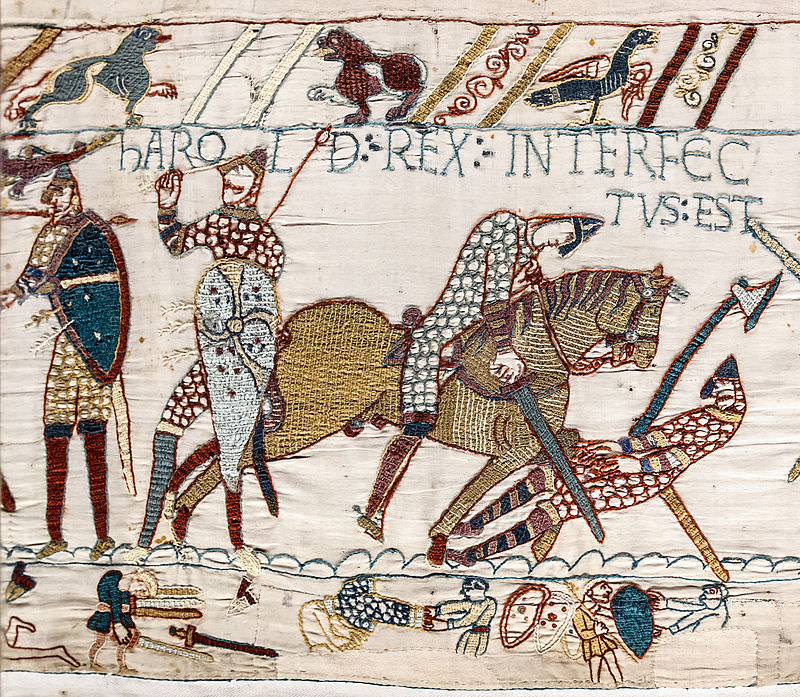 Harold's death, scene 57 - Harold rex interfectus est, "Harold the King is killed", the Bayeux Tapestry . (Wikipedia)