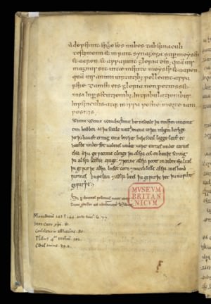 Text page of a charm against wens in Anglo-Saxon.  Origin:	England, S. W. (Wessex, perhaps Winchester) 