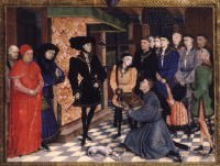 Miniature, illustration from page 1 of Les Chroniques de Hainaut. The Duke of Burgundy, Philip the Good, and his son Charles (later to be known as Charles the Bold), being paid homage by the author of the Chronicles of Hainault. Van der Weyden's only surviving miniature.