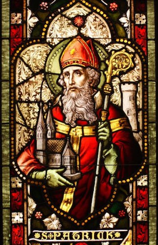 Stained glass window depiction of Saint Patrick