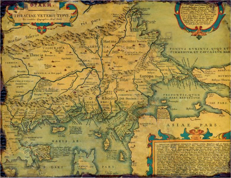 Old, historical map of ancient Thrace, mostly in Latin and very few 