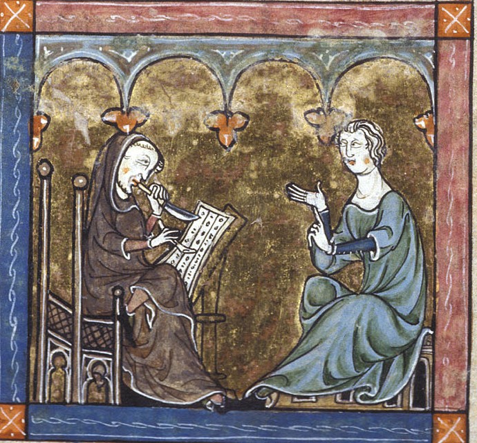 Miniature of Gawain in a green robe seated before master Blaise, who is holding a knife and quill, writing down his adventures as he is telling them. Photo courtesy British Library
