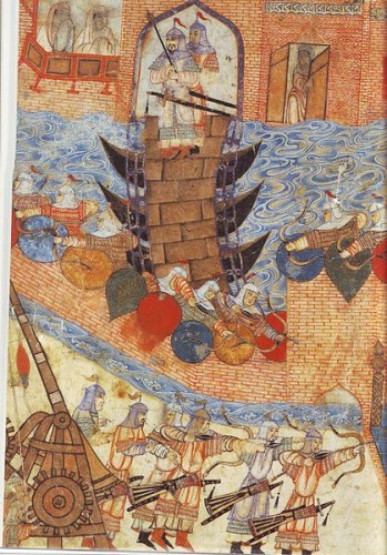  Persian painting (14th century) of Hülegü's army besieging a city. Note use of the siege engine