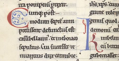 Decorated initials 'C'(umque) and 'K'(imbelinus) in Geoffrey of Monmouth's Historia regum Britanniae. Photo courtesy British Library