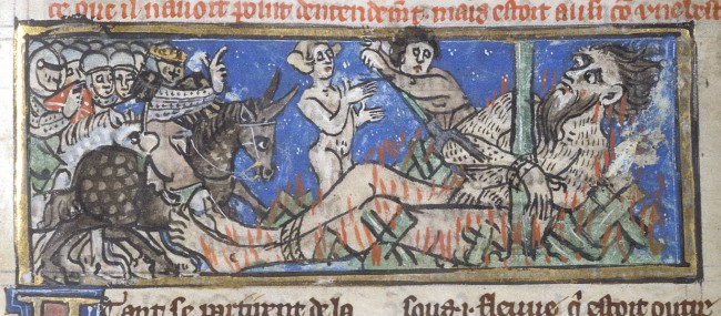 Detail of a miniature of a giant being burnt to death on Alexander's orders. Image from British Library 