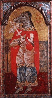 Traditional eastern depiction of a dog-headed Saint Christopher: an icon from the Byzantine and Christian Museum in Athens.