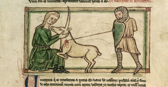 A knight spearing a unicorn as it rests in a maiden's lap. 