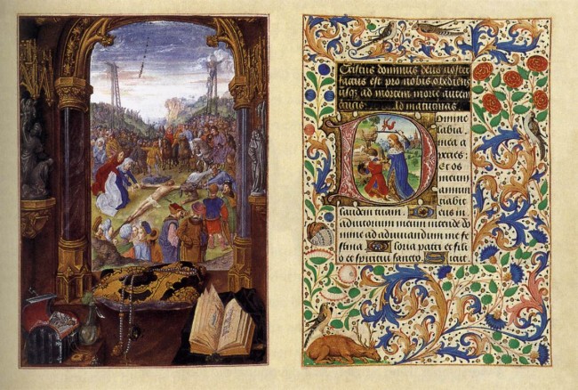 Master of Mary of Burgundy, Hours of Mary of Burgundy codex Vindobonensis 1857, fol. 43v and 44r Raising of the Cross  Vienna, Austrian National Library 