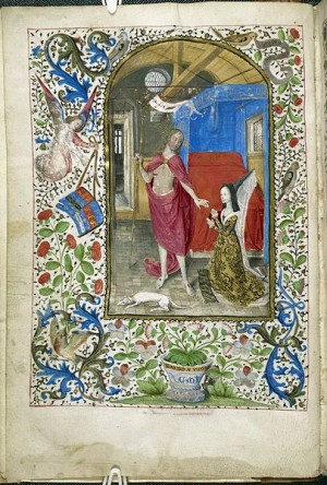 Miniature of Margaret of York before the resurrected Christ, Additional 7970, f. 1v